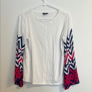White and Blue Graphic Blouse with Patterned Sleeves